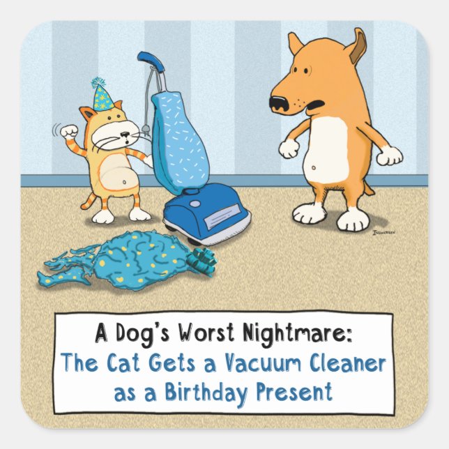 Funny Cat and Dog Vacuum Cleaner Square Sticker (Front)
