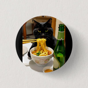 Funny Cat and Noodles Scene – Asian Food Humor 3 Cm Round Badge