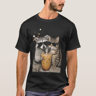 Funny Cat and Racoon Drinking Iced Coffee Animal T-Shirt