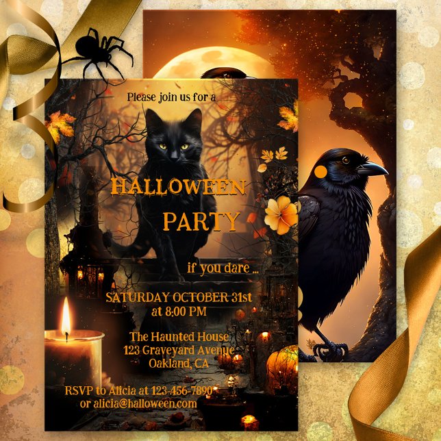 Funny Cat and Raven Halloween Party Invitation (Halloween party invitation featuring a cute black cat in a  graveyard scene with a festive candle)