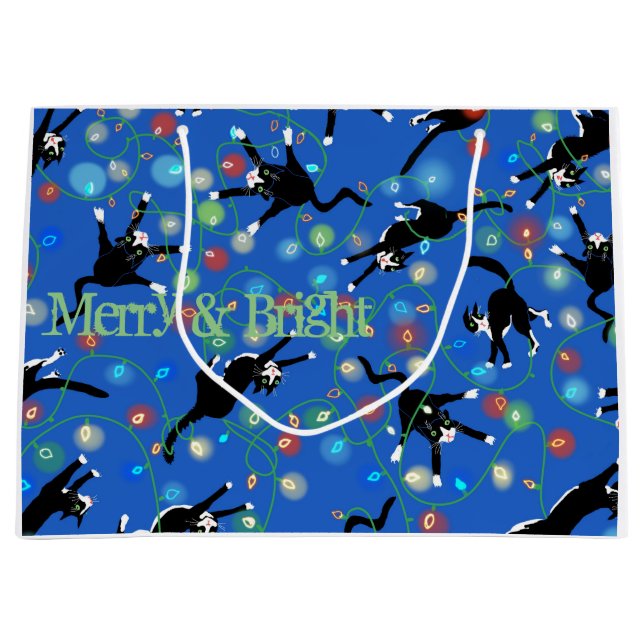 Funny Cat and the Christmas lights Large Gift Bag (Front)