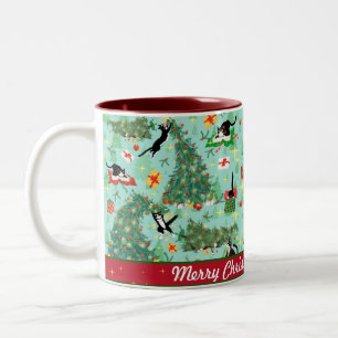 Funny Cat and The Christmas Tree Personalised  Two-Tone Coffee Mug