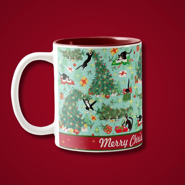 Funny Cat and The Christmas Tree Personalised  Two-Tone Coffee Mug (Funny Cats topple the Christmas Tree on this cute Personalized holiday mug)