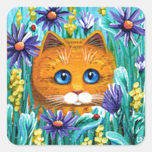 Funny Cat Art Orange Tabby Flowers Creationarts Square Sticker