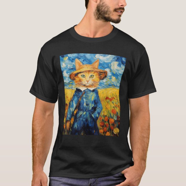 Funny cat art painting Cat Lover Starry Night Cat  T-Shirt (Front)
