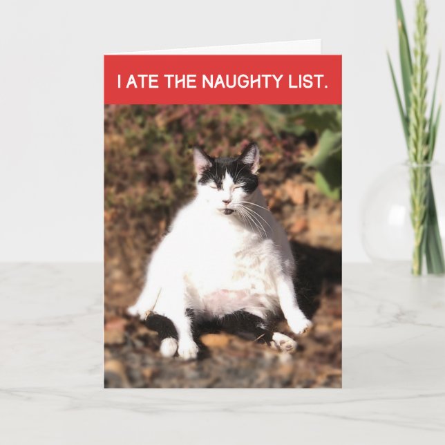 Funny Cat Ate Santa's Naughty List Christmas  Card (Front)