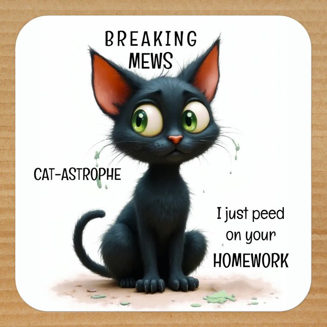 Funny Cat Back to School Square Sticker (Funny black cat back to school sticker.)