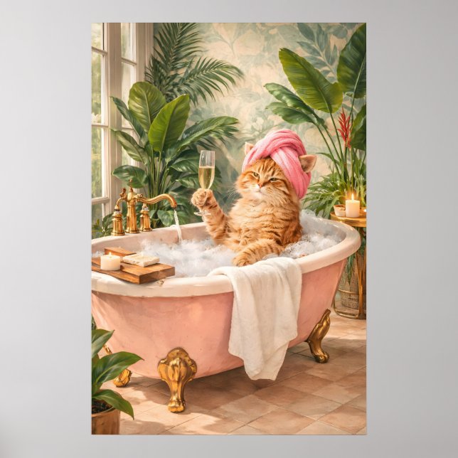 Funny Cat Bath Poster, Champagne Print, Whimsical Poster (Front)