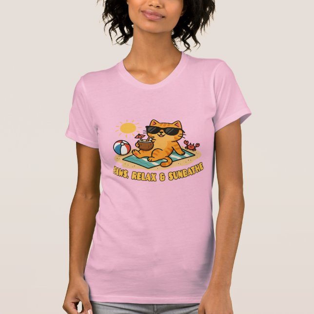 Funny Cat Beach T-Shirt – Paws Relax & Sunbathe  (Front)