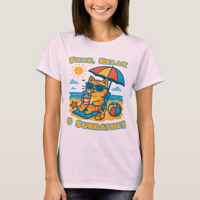 Funny Cat Beach T-Shirt – Paws, Relax & Sunbathe! (Front)