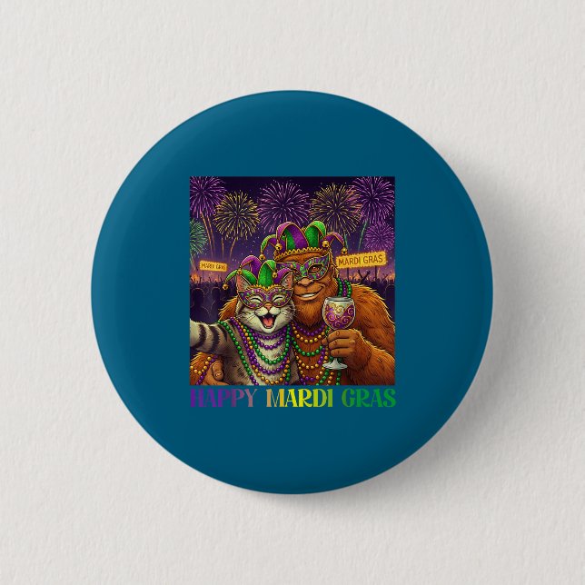 Funny Cat Bigfoot Selfie Mardi Gras Carnival Party 6 Cm Round Badge (Front)