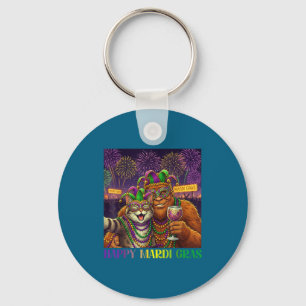 Funny Cat Bigfoot Selfie Mardi Gras Carnival Party Key Ring