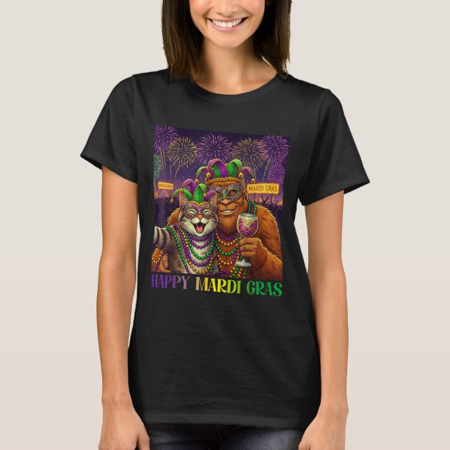 Funny Cat Bigfoot Selfie Mardi Gras Carnival Party T-Shirt (Front)