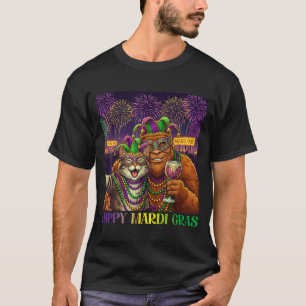Funny Cat Bigfoot Selfie Mardi Gras Carnival Party T-Shirt