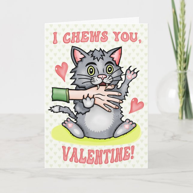 Funny Cat Biting Hand I Chews You Valentine's Day Card (Front)