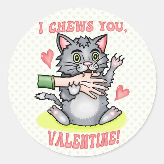 Funny Cat Biting Hand I Chews You Valentine's Day Classic Round Sticker (Front)