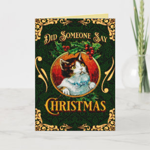 Funny Cat Black and Gold Christmas  Holiday Card