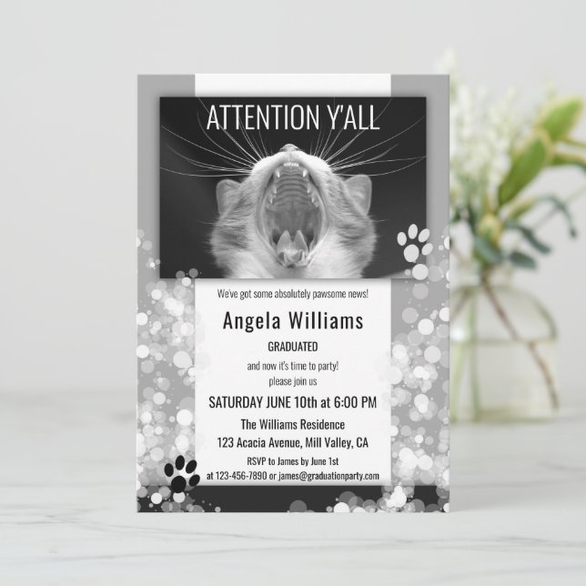 Funny Cat Black and White Graduation Party Invitation (Standing Front)