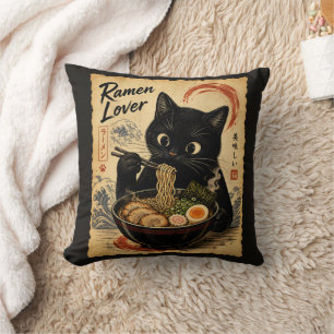 Funny Cat Black Ramen Japanese Art Style Cushion