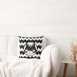 Funny Cat Black & White Chevron Cushion