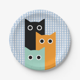 Funny Cat, Blue Gingham Paper Plate