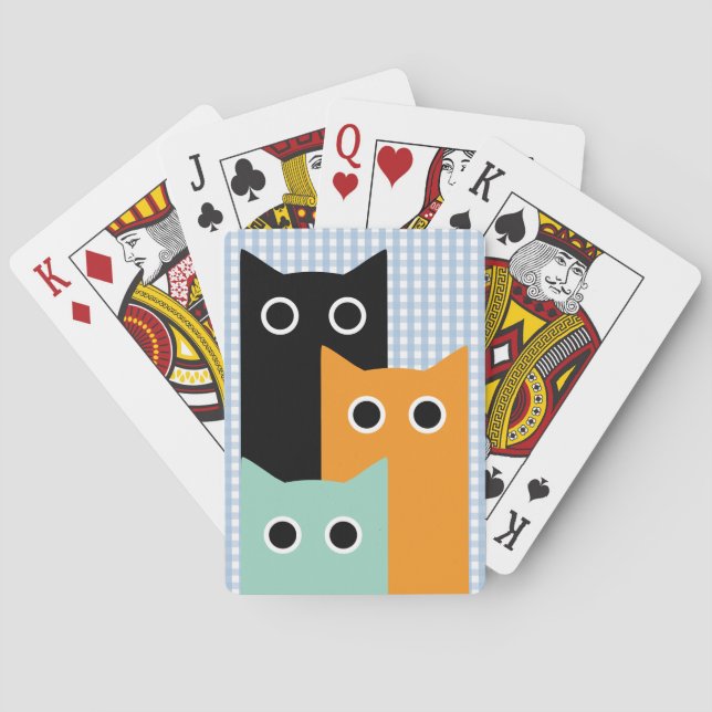 Funny Cat, Blue Gingham Playing Cards (Back)