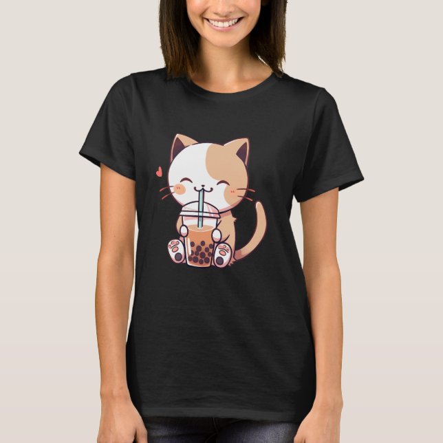 Funny Cat Boba Tea Kawaii Bubble Tea Cute Kitten C T-Shirt (Front)