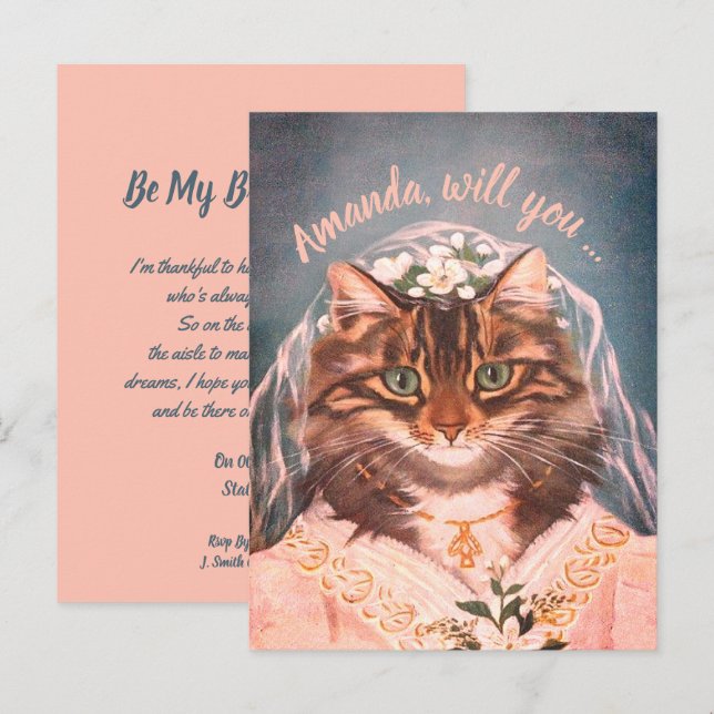 Funny cat bride be my bridesmaid/maid of honour in invitation postcard (Front/Back)