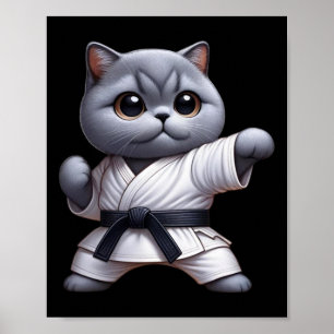 Funny Cat British Shorthair Wearing Karate Gi Blac Poster