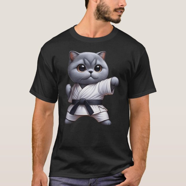 Funny Cat British Shorthair Wearing Karate Gi Blac T-Shirt (Front)