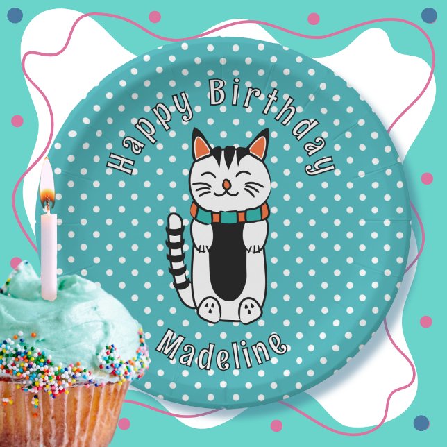 Funny Cat Cartoon Turquoise White Dot Birthday Paper Plate (Creator Uploaded)
