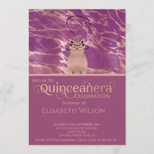 Funny cat Cassis rose gold marble  Quinceañera Invitation