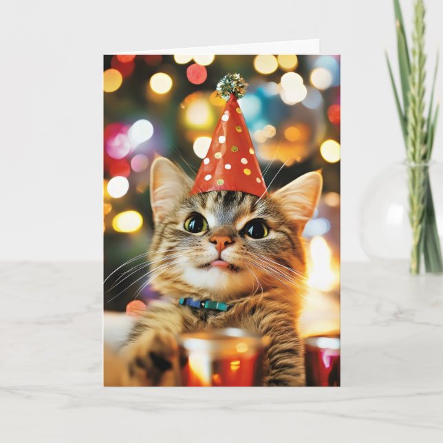 Funny Cat Celebration Holiday Card (Front)