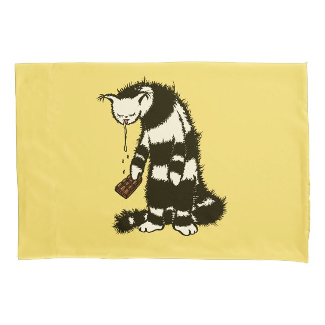 Funny Cat Chocolate Lover - Ink Drawn Drooling Cat Pillowcase (Front)