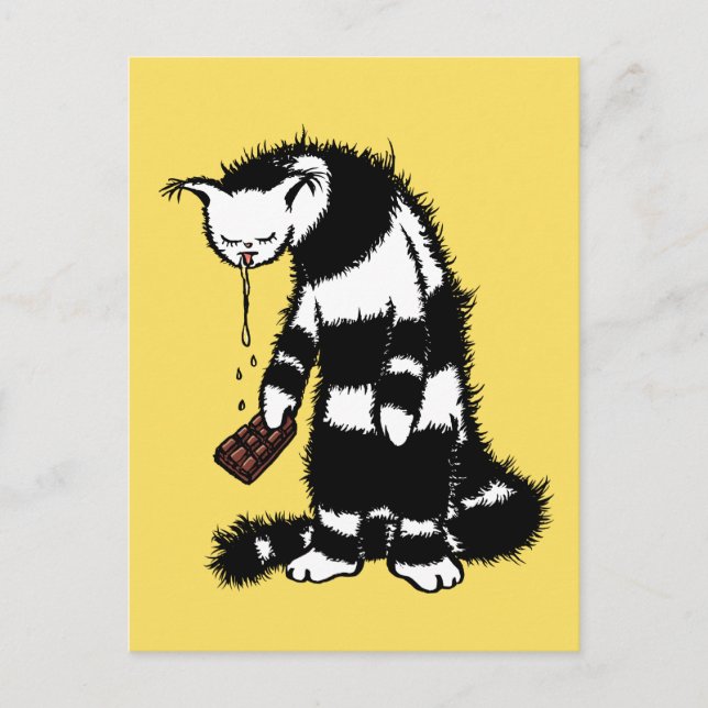 Funny Cat Chocolate Lover - Ink Drawn Drooling Cat Postcard (Front)