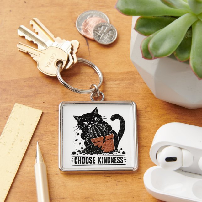 Funny Cat Choose Kindness Linocut Meme Key Ring (Desk)