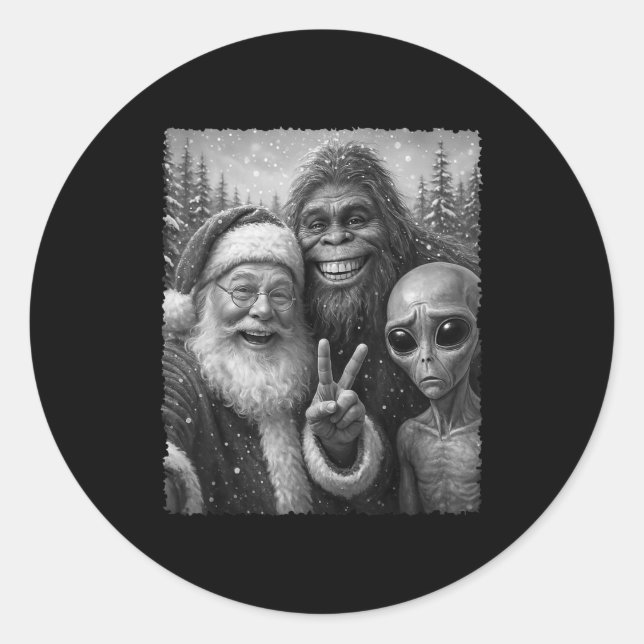 Funny Cat Christmas Bigfoot Alien Santa Snow Selfi Classic Round Sticker (Front)