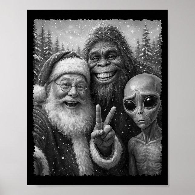 Funny Cat Christmas Bigfoot Alien Santa Snow Selfi Poster (Front)