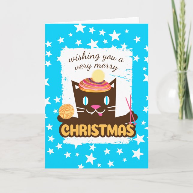 Funny cat Christmas hat knitting needles knitter Holiday Card (Front)