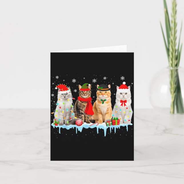 Funny Cat Christmas Lights Reindeer Santa Xmas Kit Card (Front)