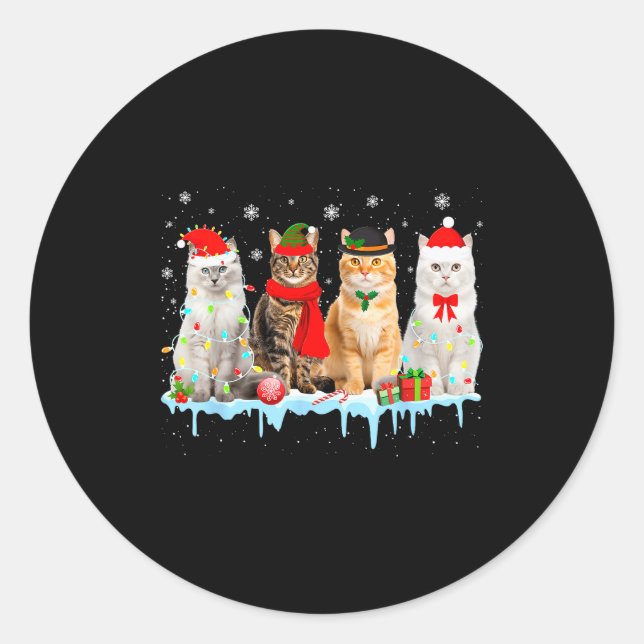 Funny Cat Christmas Lights Reindeer Santa Xmas Kit Classic Round Sticker (Front)