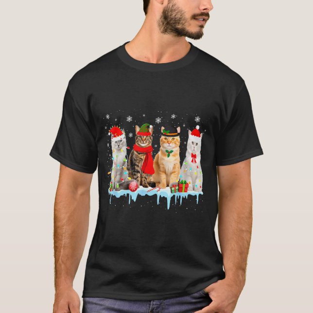 Funny Cat Christmas Lights Reindeer Santa Xmas Kit T-Shirt (Front)