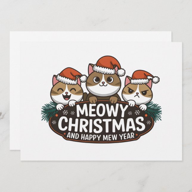 Funny cat christmas meow wearing christmas hat  holiday card (Front/Back)