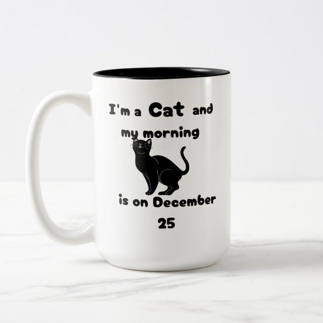 Funny Cat Christmas Morning Pyjamas Two-Tone Coffee Mug (Left)