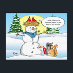 Funny Cat Christmas Postcards | Tabby Snowman<br><div class="desc">Send out funny Christmas postcards to friends and family with a personalised touch! This unique illustration by Raphaela Wilson depicts an orange tabby cat with a blowtorch melting down frosty the snowman to get to the red cardinals atop in their cosy nest. One cardinal bird says to the other: "I...</div>
