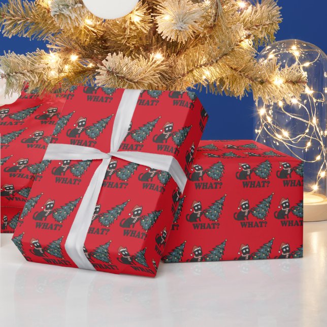 Funny Cat Christmas Red Wrapping Paper (Holidays)