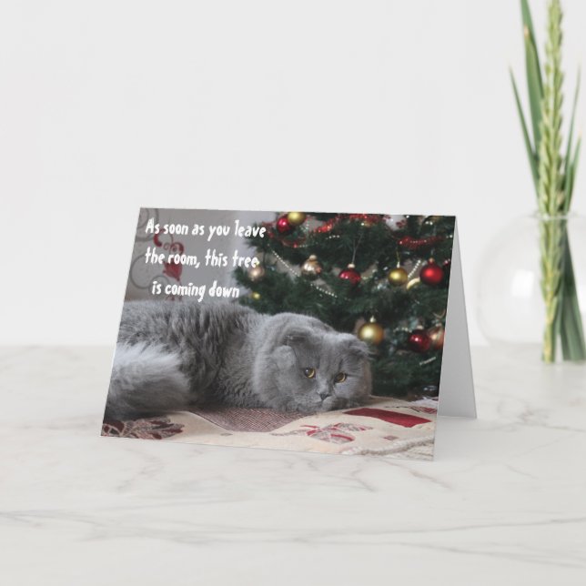 Funny Cat Christmas Tree Angry Greeting Holiday Card (Front)