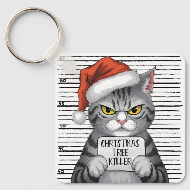 Funny Cat Christmas Tree Killer Key Ring (Front)