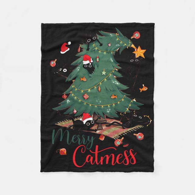 Funny Cat Christmas Tree Merry Catmess Cat Lover K Fleece Blanket (Front)