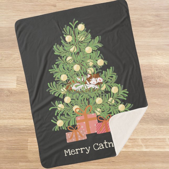 Funny Cat & Christmas Tree Merry Catnaps! Black Sherpa Blanket (Creator Uploaded)